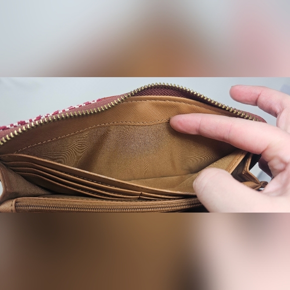Fossil Jori Zip Clutch Wristlet RFID Wallet Leather Fabric Red White Brown NWOT - Picture 13 of 16